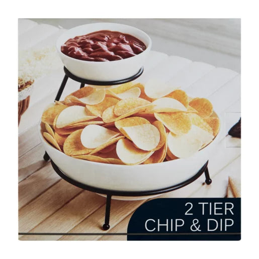 Chip & Dip 2-Tier Ceramic White Round Bowl  with holder 4.5inch & 9Inch