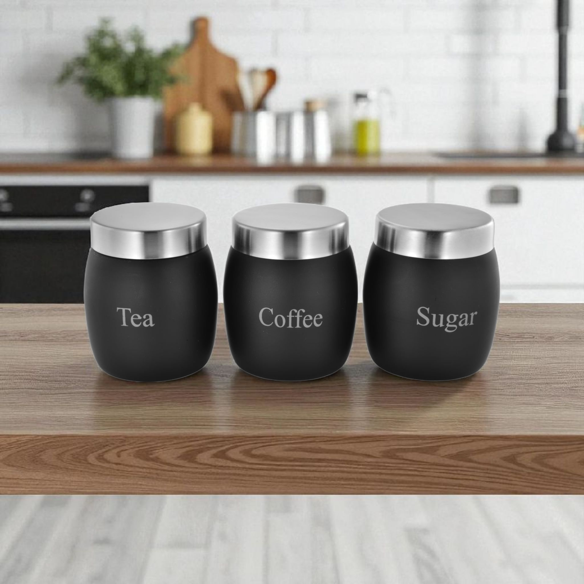 Vintage Tin Canister Set Tea-Coffee-Sugar Barrel Shaped Jar Black with S/S Lid 3pc