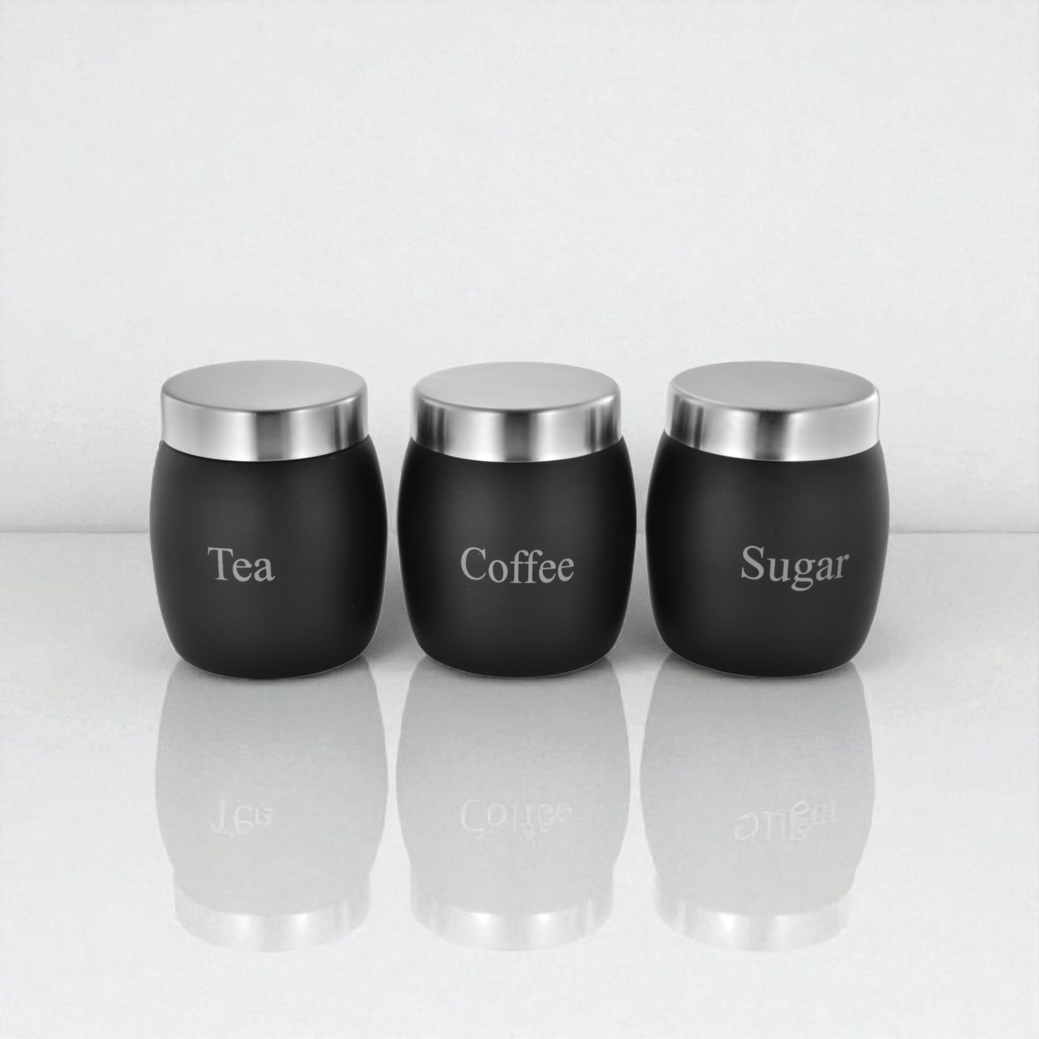 Vintage Tin Canister Set Tea-Coffee-Sugar Barrel Shaped Jar Black with S/S Lid 3pc