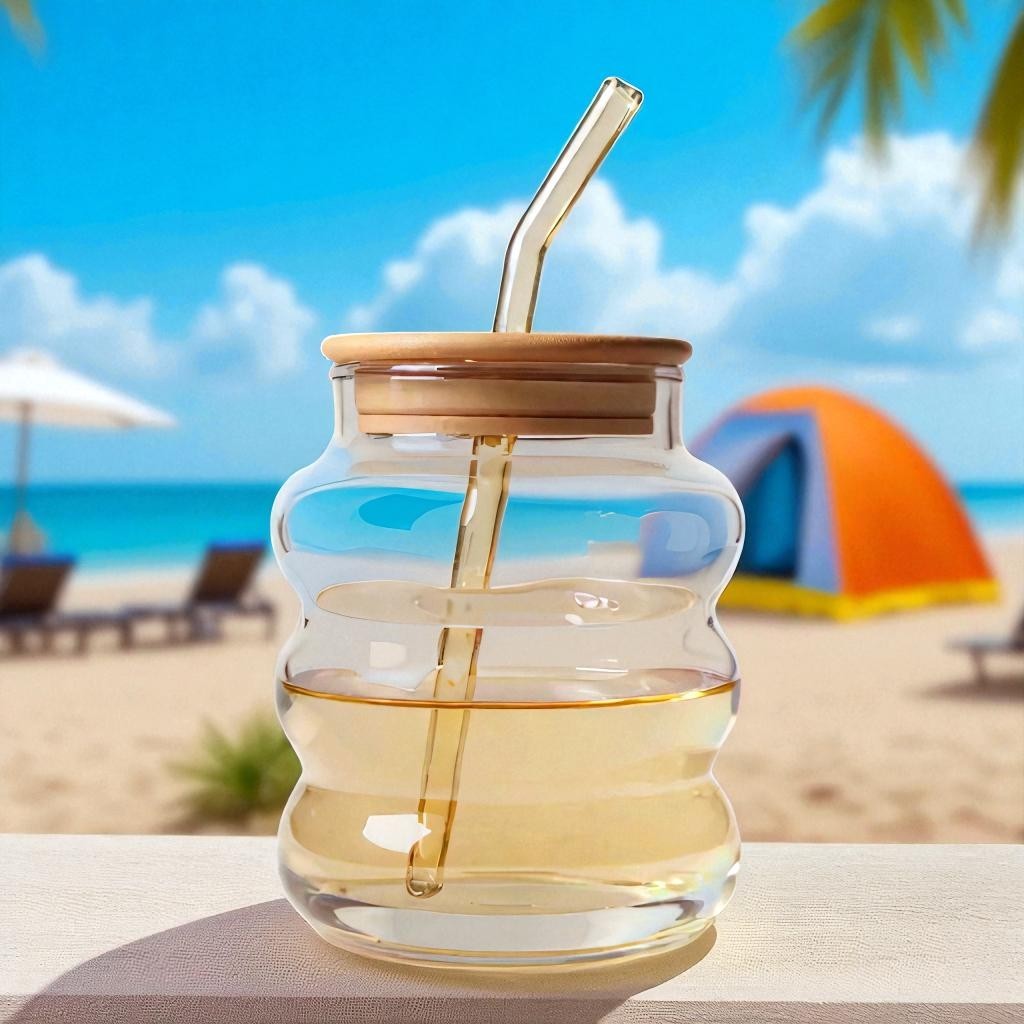 Amber Glass Drinking Ribbed Cup 700ml with Bamboo Lid & Amber Curved Straw 7x12cm