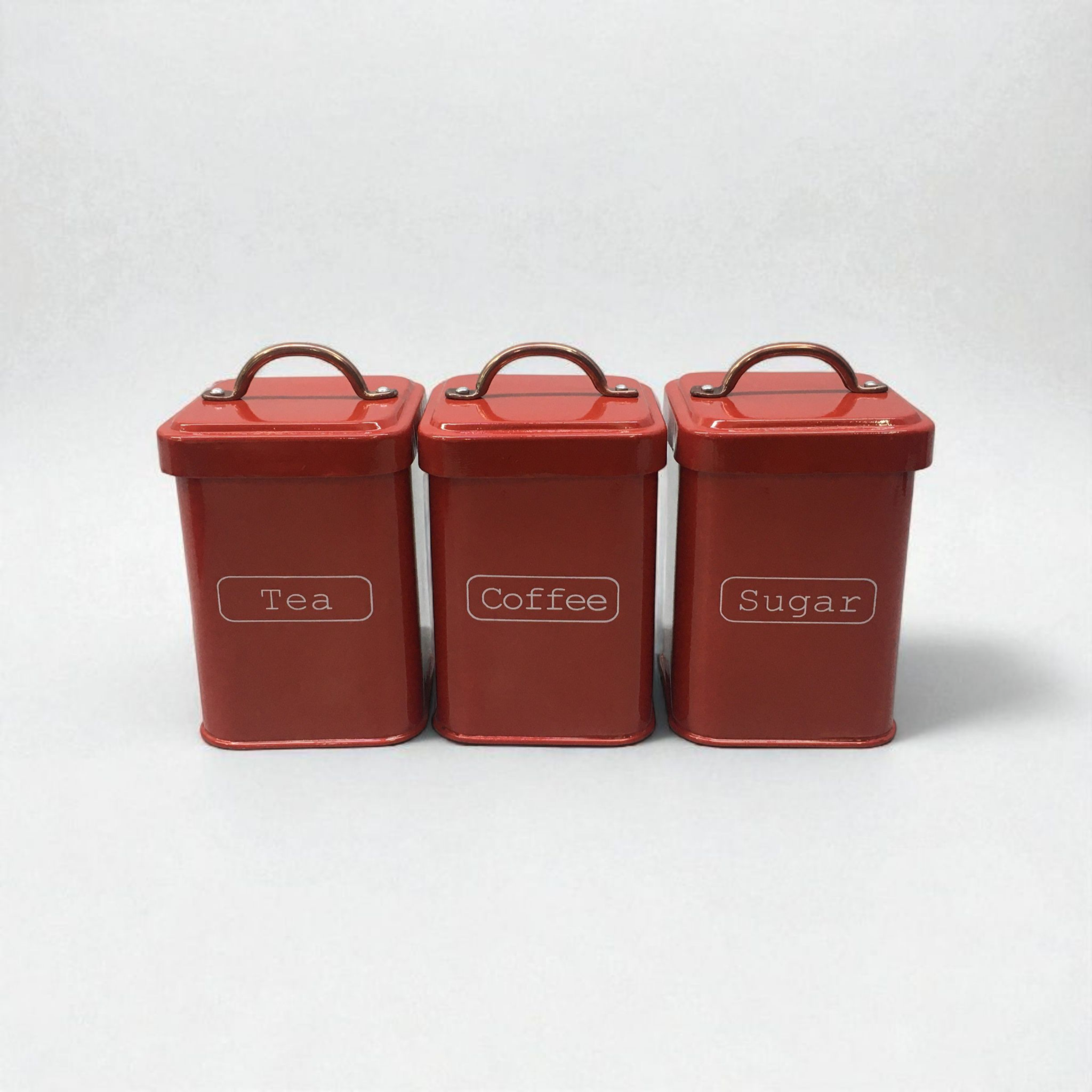 Storage Canister Tin Tea-Coffee-Sugar - Red with Bronze Handle