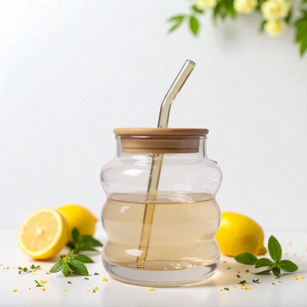 Amber Glass Drinking Ribbed Cup 700ml with Bamboo Lid & Amber Curved Straw 7x12cm