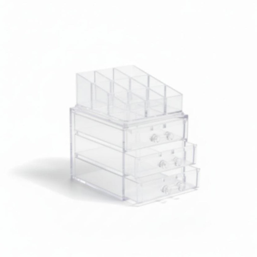 Modern Makeup Cosmetic Organizer Box Stackable with  3 Drawer Set - Clear Plastic