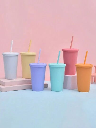 Acrylic Drinking Tumbler 450ml Pastel Colored Matte Finish Cup & Straw