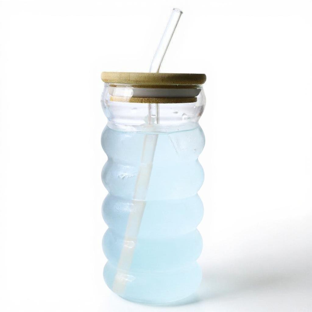Glass Drinking Ribbed Cup 500ml with Bamboo Lid & Curved Straw 7x15cm