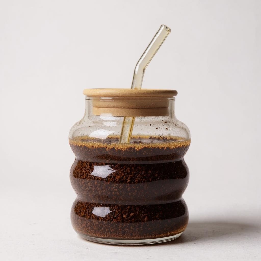 Amber Glass Drinking Ribbed Cup 700ml with Bamboo Lid & Amber Curved Straw 7x12cm