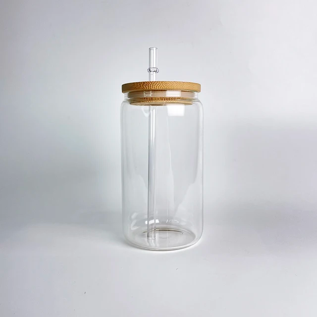 Glass Drinking Can Bottle with Bamboo Lid Corner Hole and Borosilicate Straw