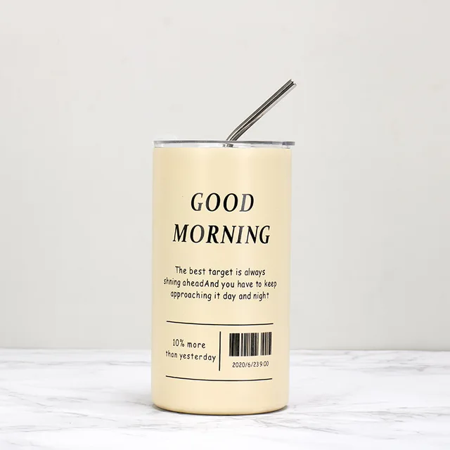 600ml Americano Double-layer Iced Coffee Cup Thermoses Stainless Steel With Straw Vacuum Flask Cup 8.5x16cm