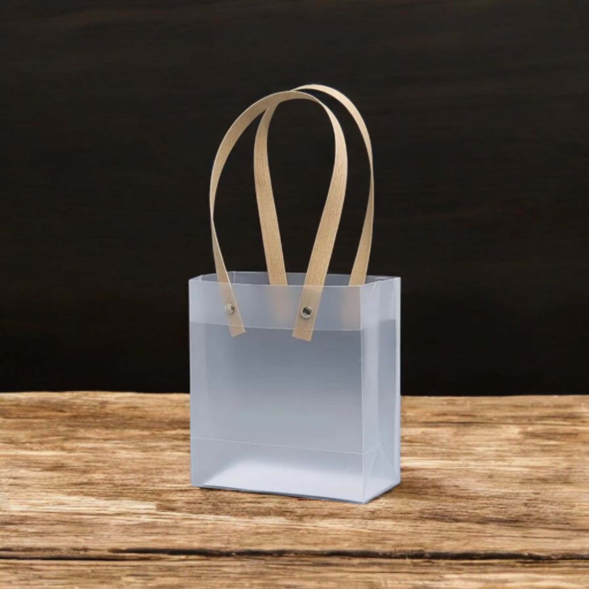 PVC Gift Bag Frosted Portrait - Plastic Reusable Bags with Brown Straw Handle