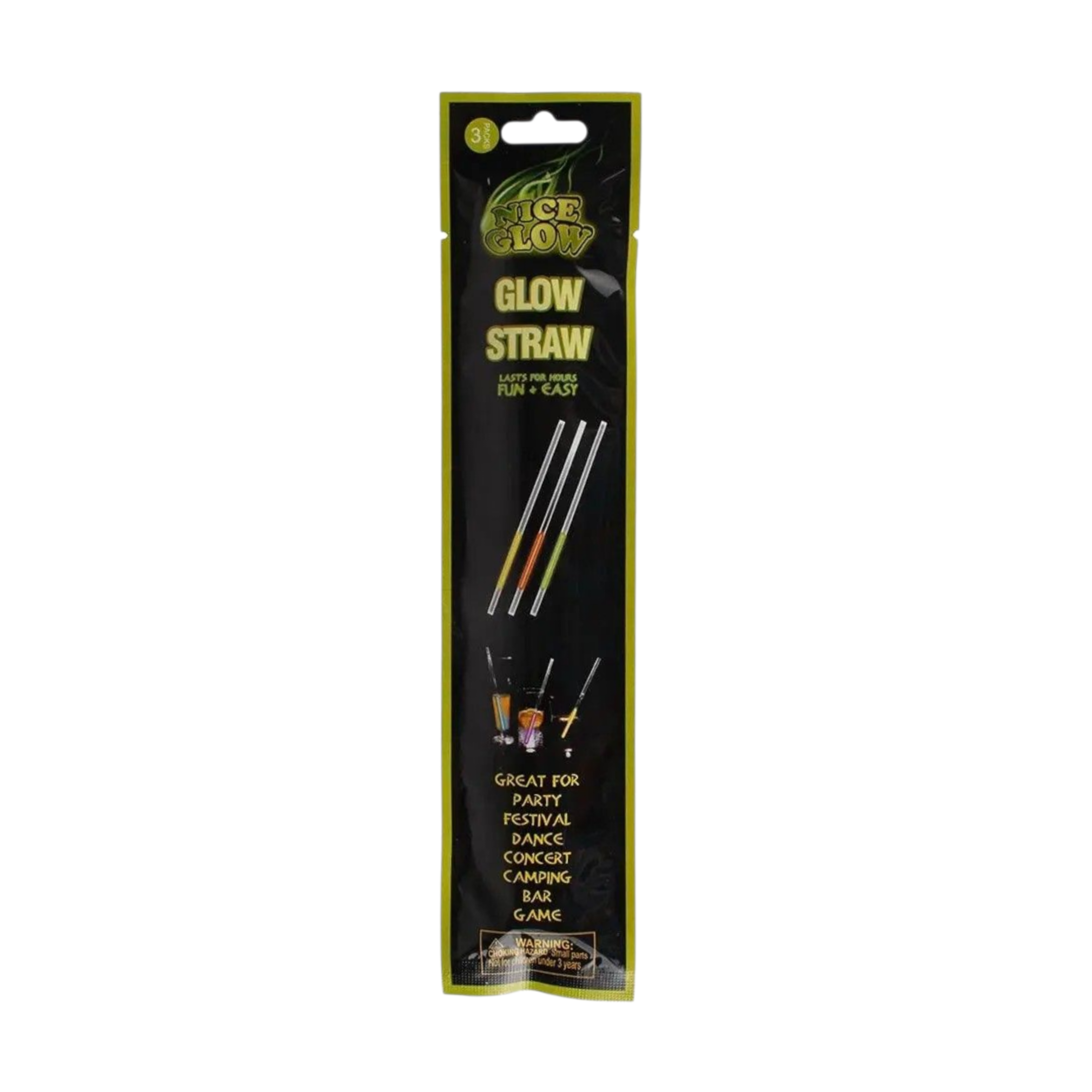 Glow Drinking Straws 3pc Assorted Colours 20.5cm