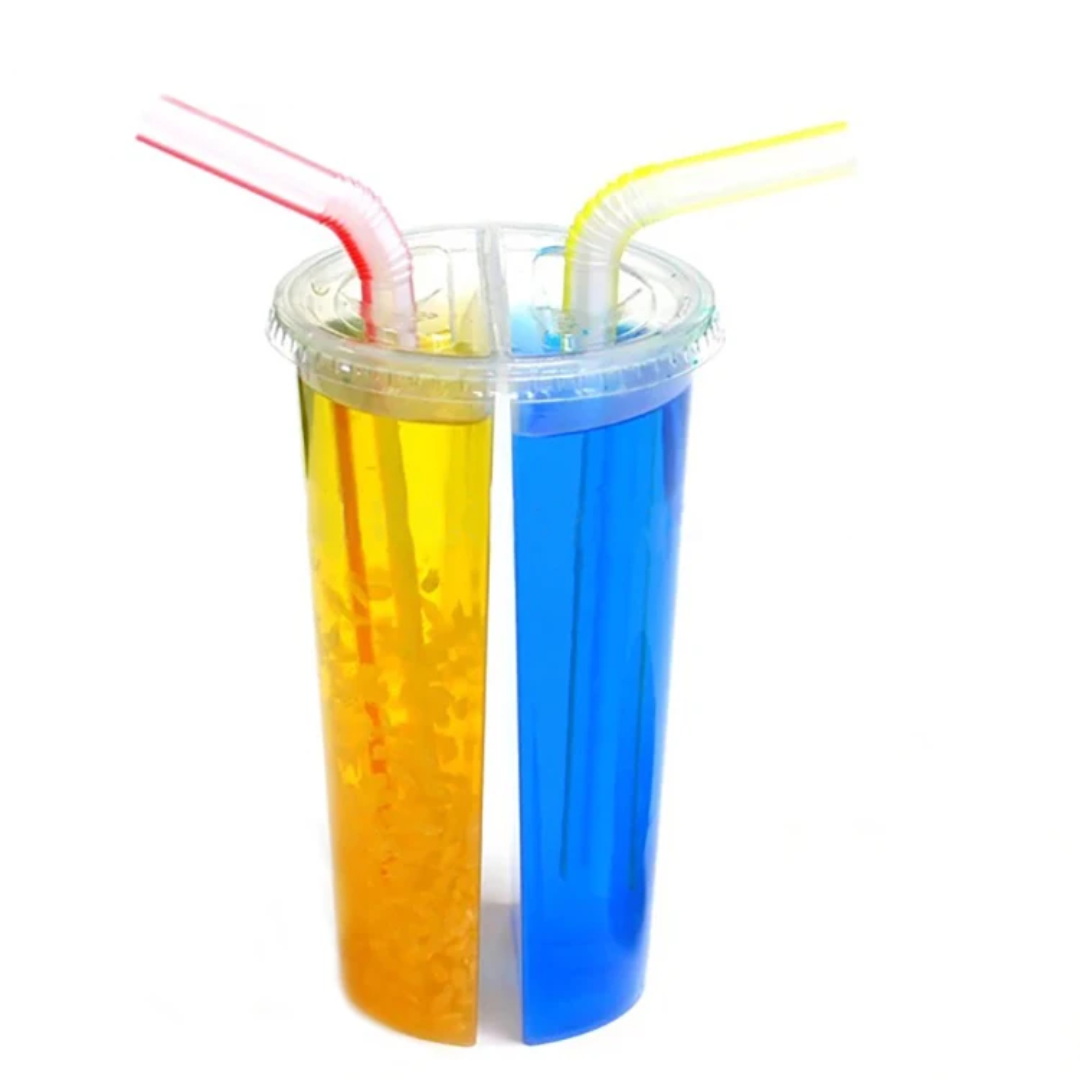 Double-Sided Split PP Plastic Cup 700ml Dual Flavor Beverage Drinking Tumbler with Disposable Lid
