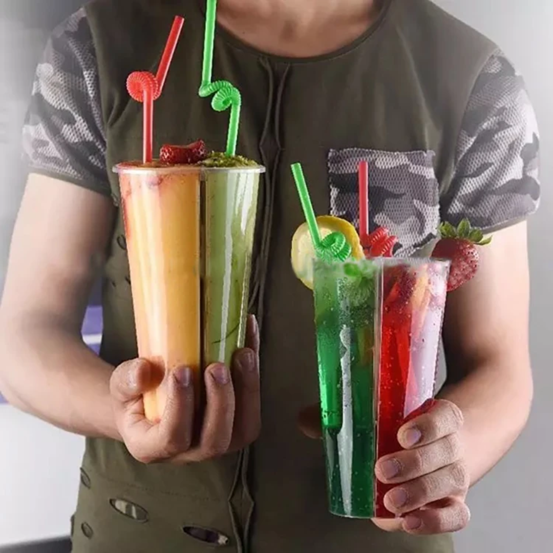 Double-Sided Split PP Plastic Cup 700ml Dual Flavor Beverage Drinking Tumbler with Disposable Lid