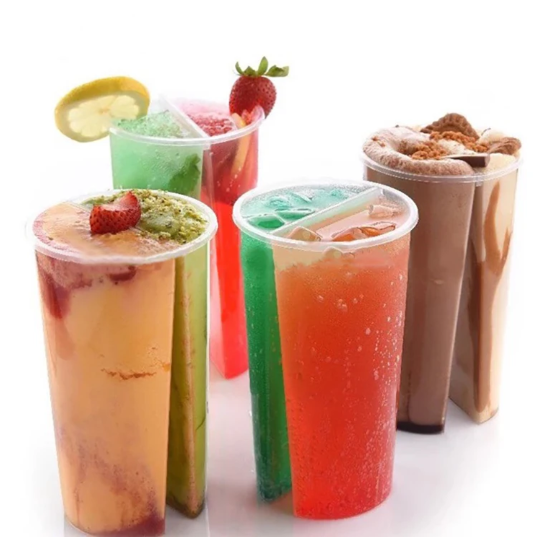 Double-Sided Split PP Plastic Cup 700ml Dual Flavor Beverage Drinking Tumbler with Disposable Lid