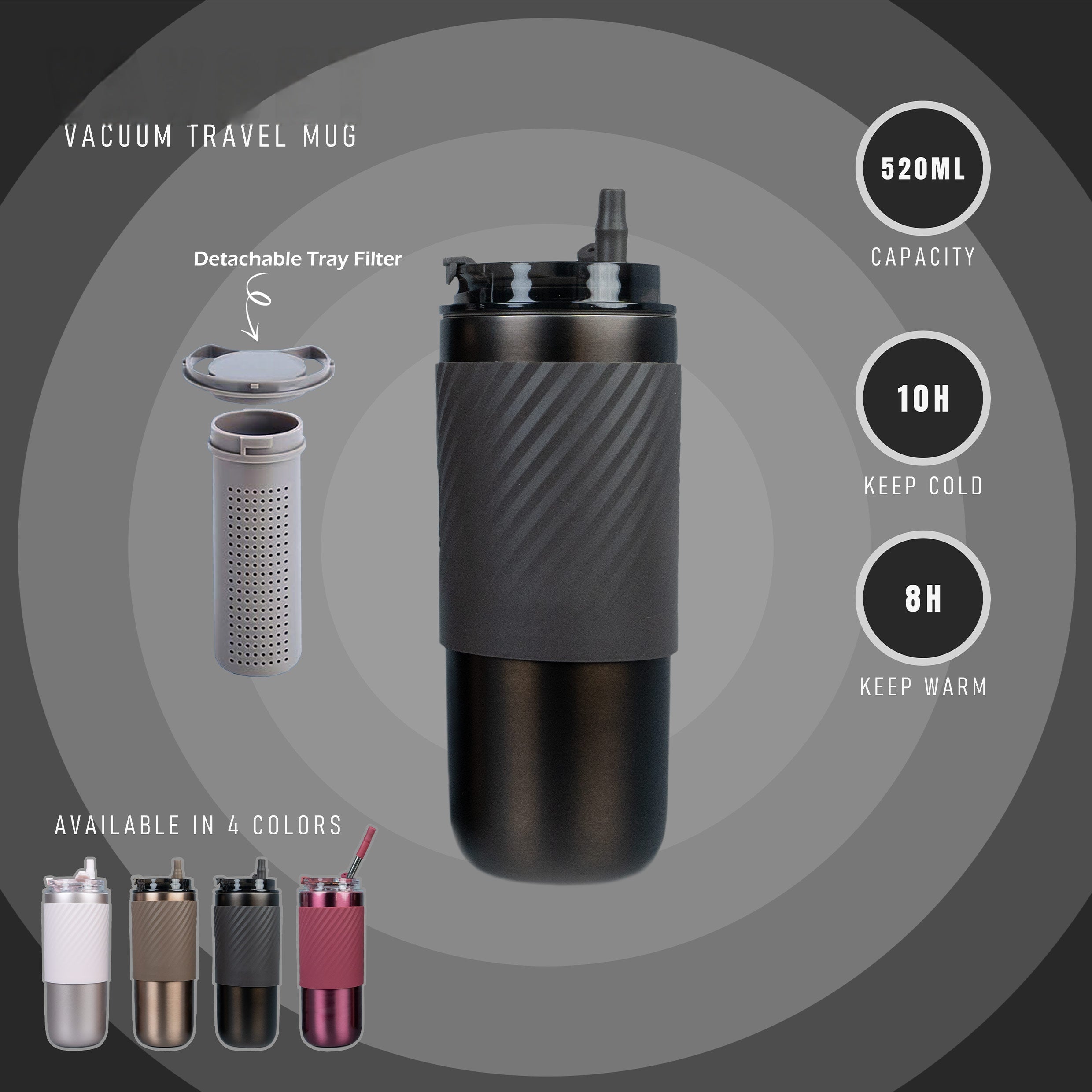 520ml Double-Wall Thermal Tumbler with Silicone Sleeve, Infuser & Retractable Stainless Steel Straw