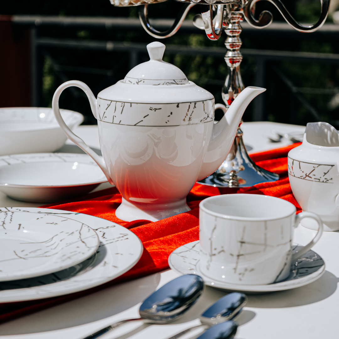 Porcelain Dinner Set Silver Rim Pattern 47pc SGN2444