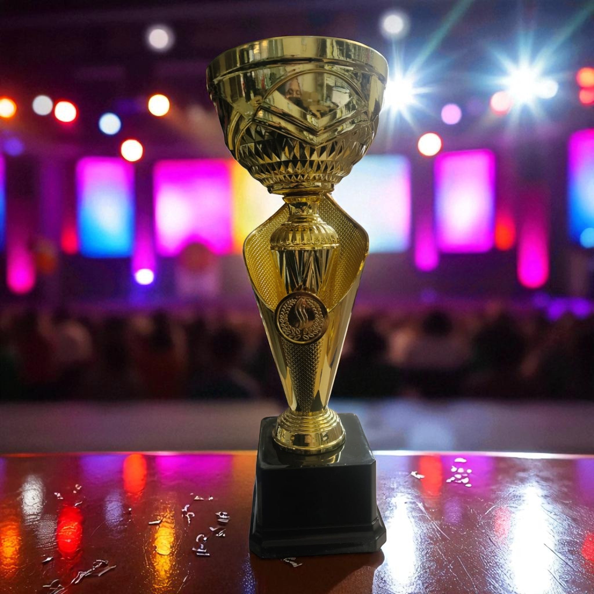 Gold Plastic Olympia Trophy Cup in a Cone with Black Base Ribbon 30cm