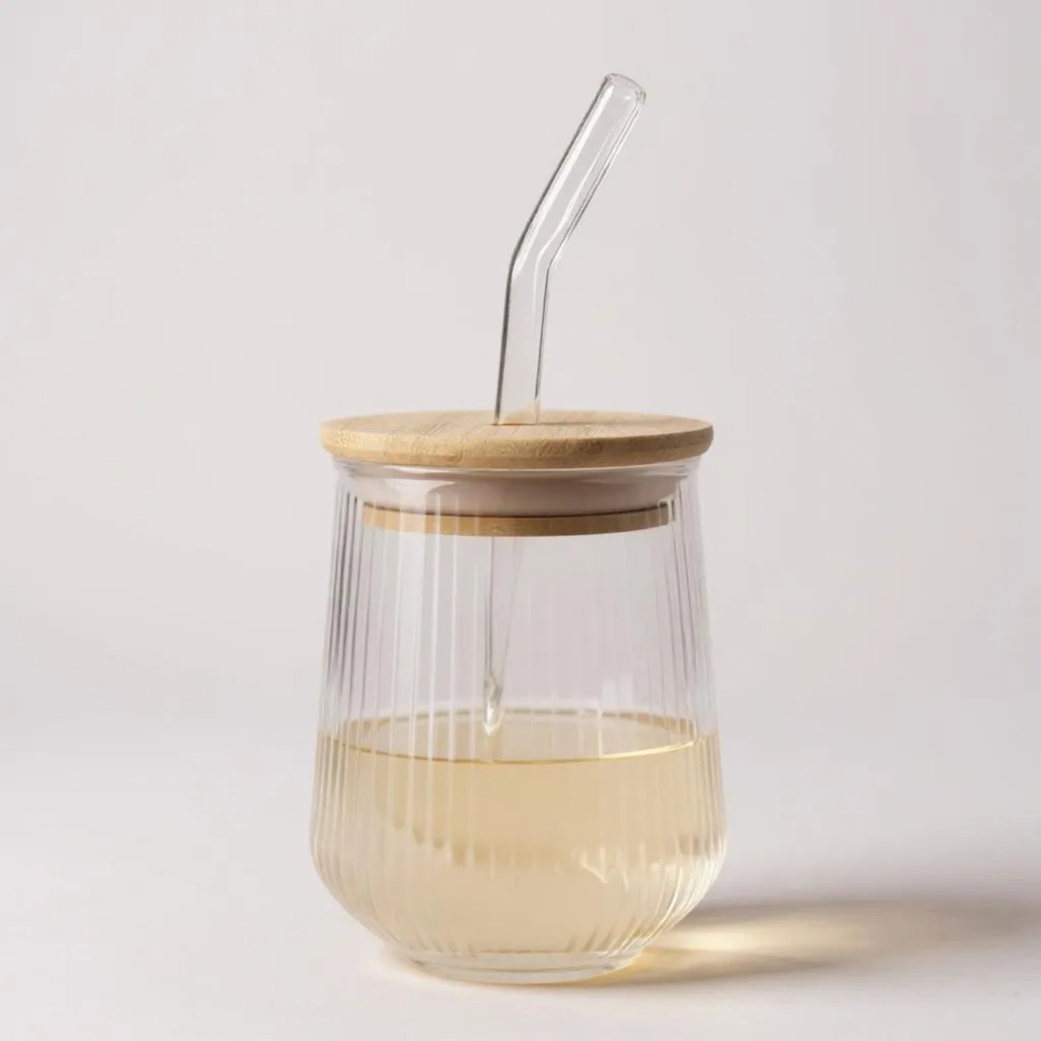 Glass Drinking Vertical Ribbed Cup 500ml with Bamboo Lid & Curved Straw 7x11cm