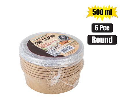 Timesavers Kraft Paper Bowl 500ml - Food Lunch Container Round with Clear Lid 6pcs
