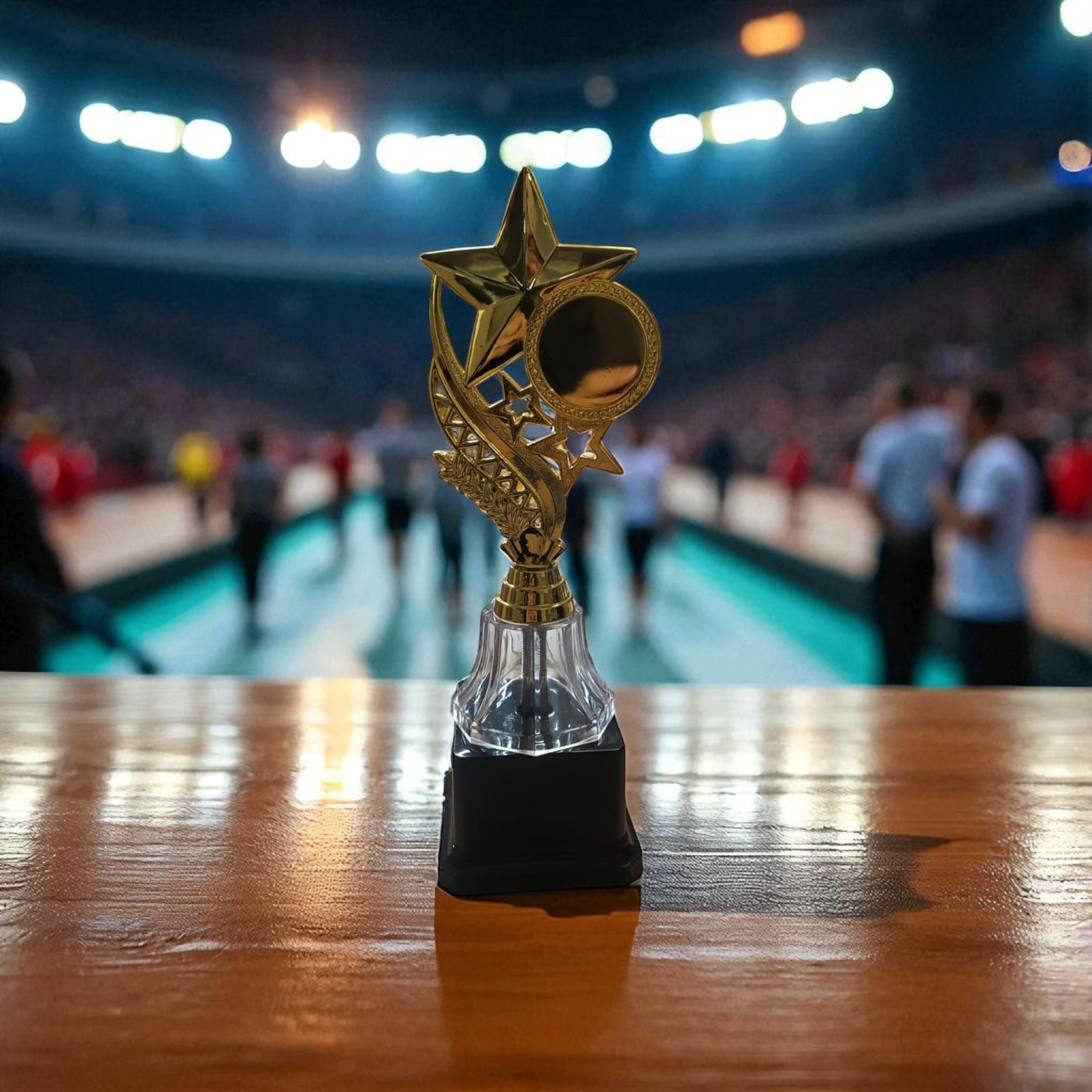 Gold Plastic Crescent Trophy on Black Plastic base 23.5cm