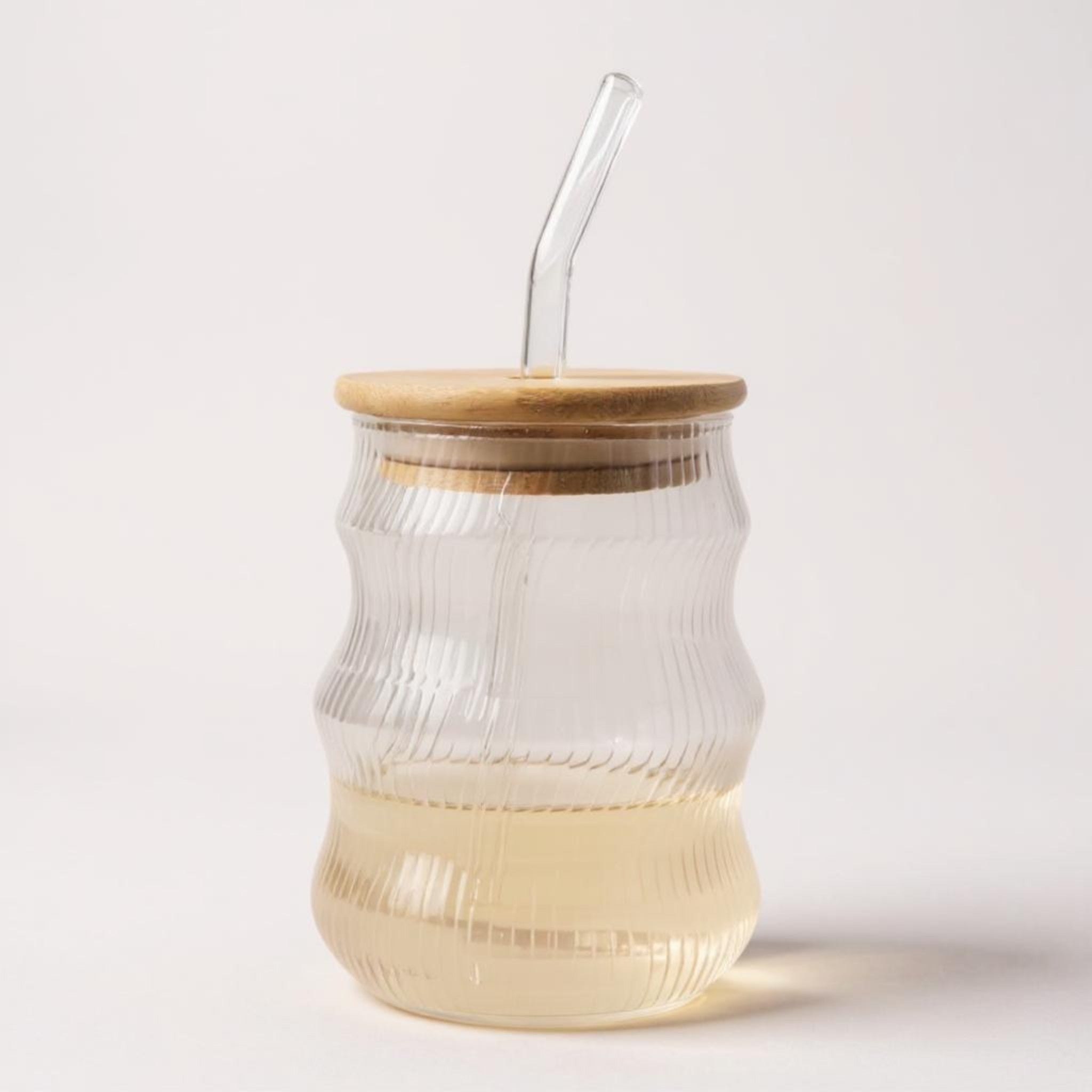 Glass Drinking Wavy Cup Ribbed  with Bamboo Lid & Glass Curved Straw 550ml 7x12.5cm