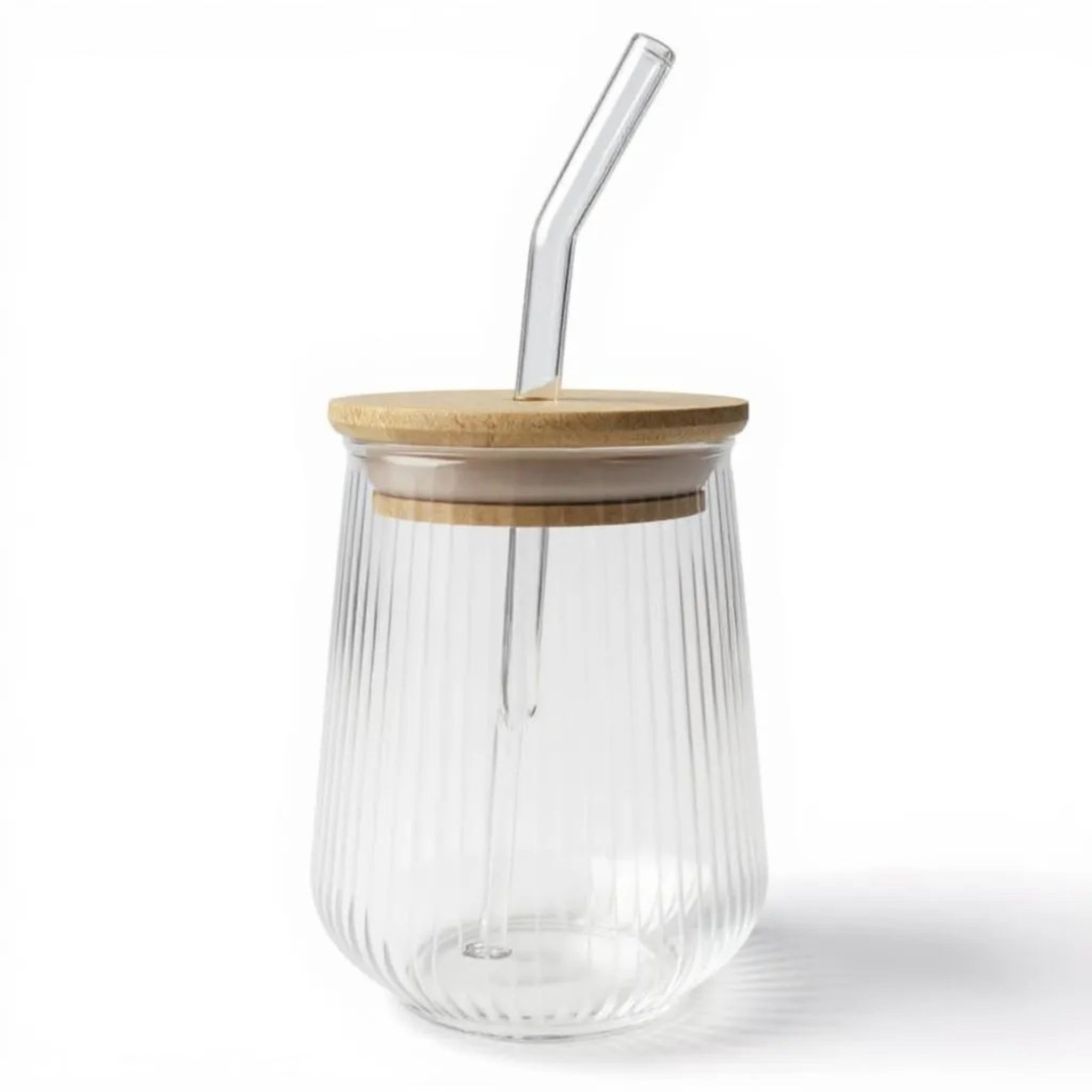 Glass Drinking Vertical Ribbed Cup 500ml with Bamboo Lid & Curved Straw 7x11cm
