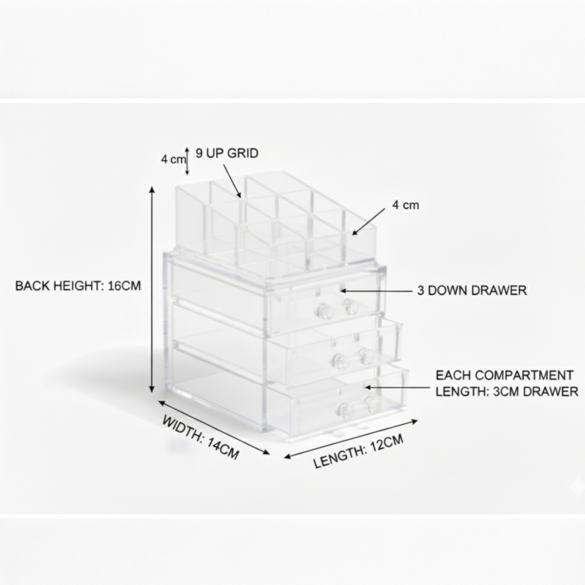 Modern Makeup Cosmetic Organizer Box Stackable with  3 Drawer Set - Clear Plastic