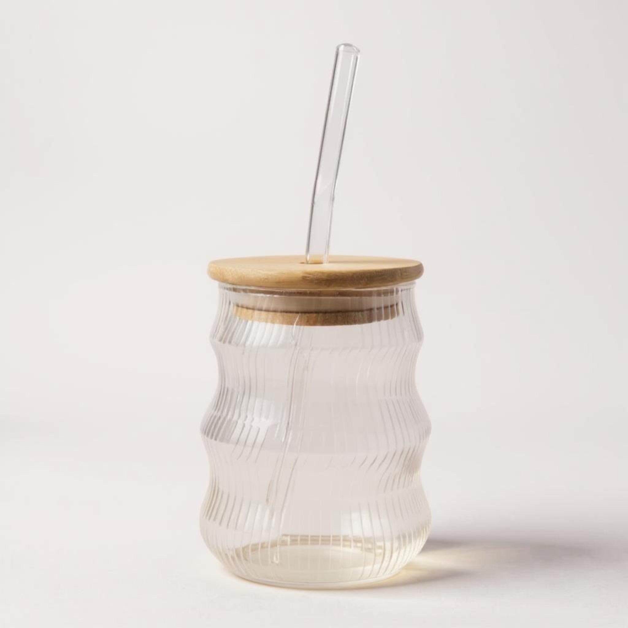 Glass Drinking Wavy Cup Ribbed  with Bamboo Lid & Glass Curved Straw 550ml 7x12.5cm