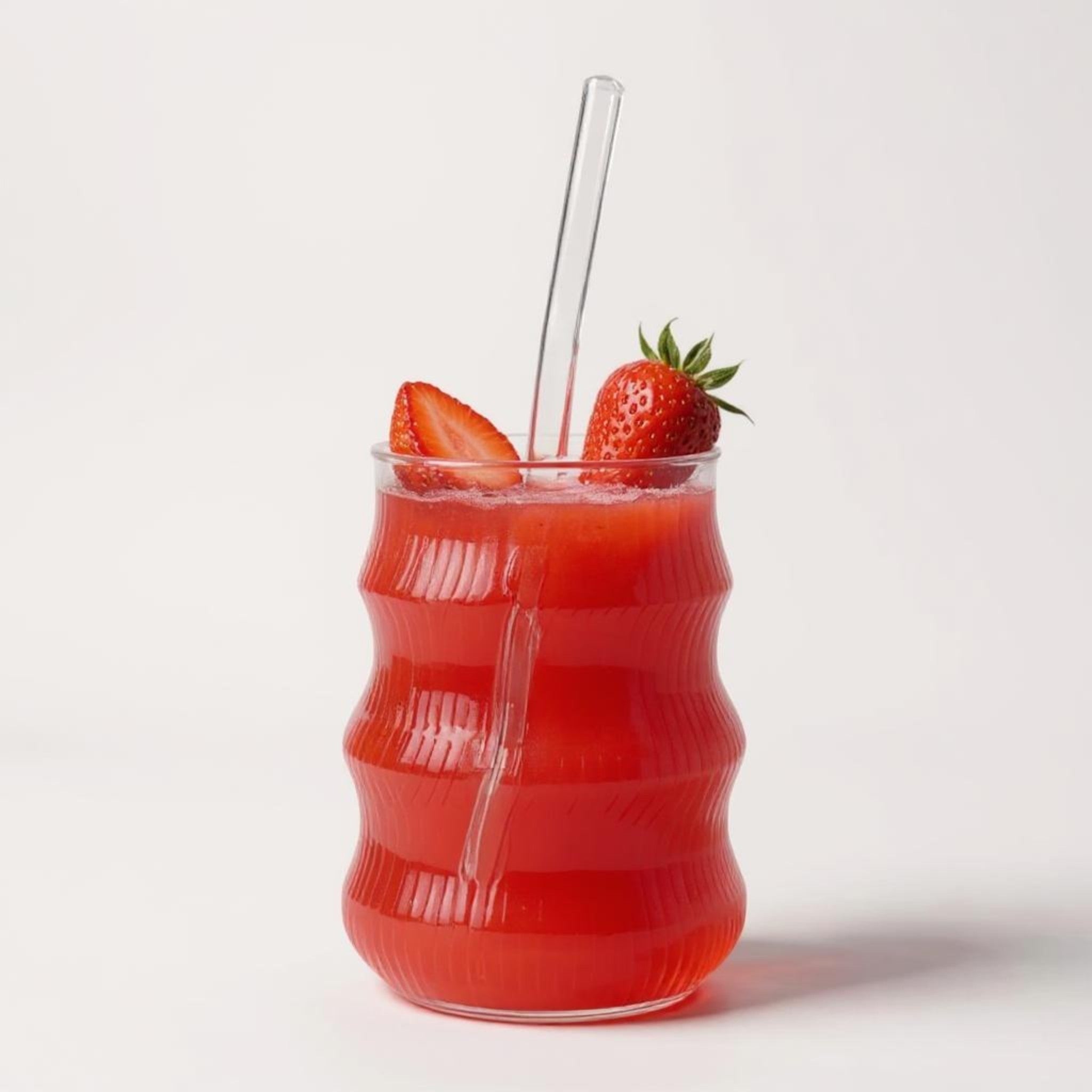 Glass Drinking Wavy Cup Ribbed  with Bamboo Lid & Glass Curved Straw 550ml 7x12.5cm