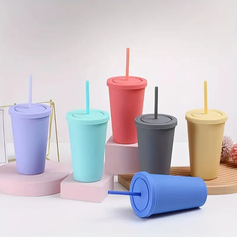 Acrylic Drinking Tumbler 450ml Pastel Colored Matte Finish Cup & Straw