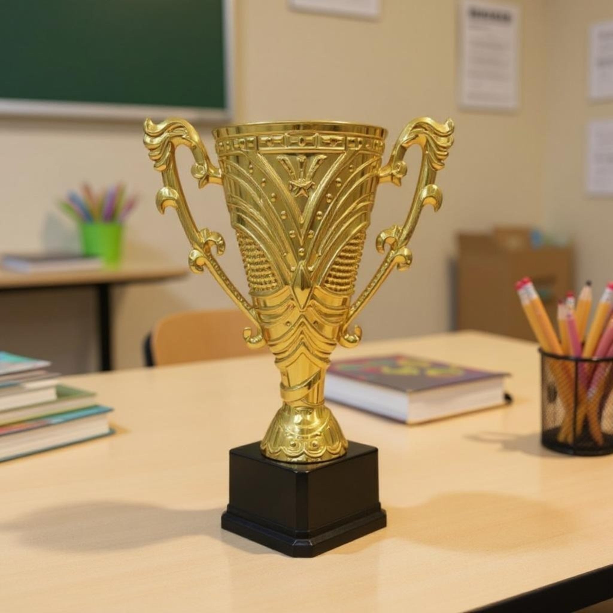 Gold Plastic Trophy With Medal and Black Base 27cm