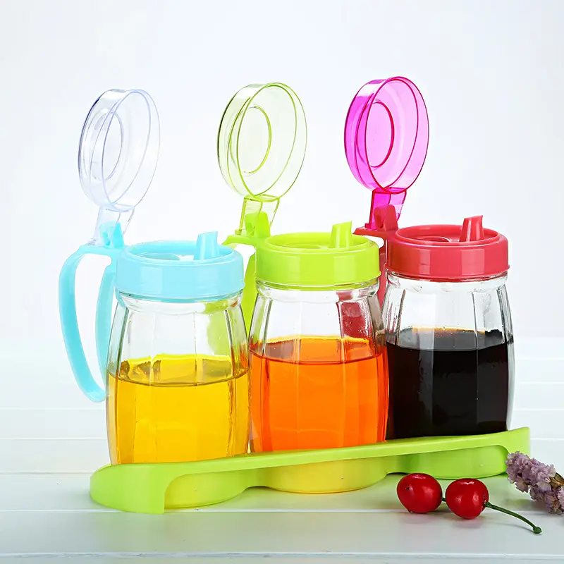 Glass Condiment Seasoning Set Spice Jars with Plastic Cover and Handle 5pc Set