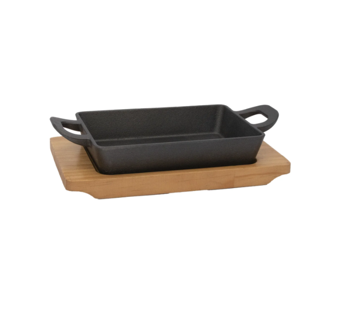 Regent Cookware Cast Iron Rectangle Pan with 2 Handles On Wooden Board