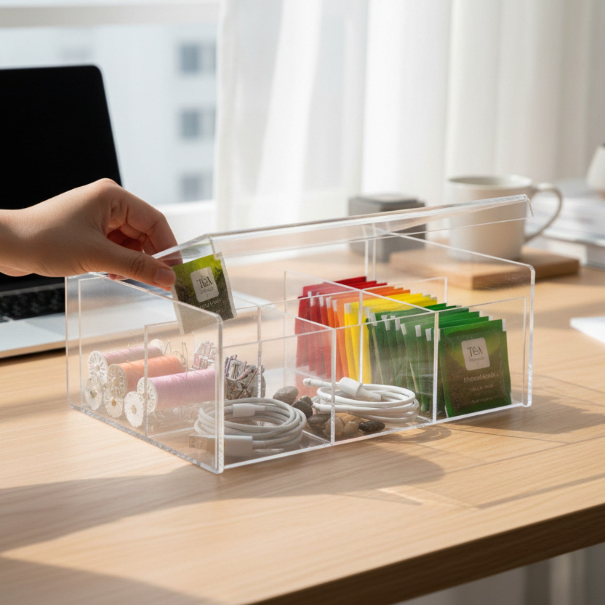 Modern Tea Storage Box 3-Compartments Organizer with Lid - Clear Acrylic Plastic