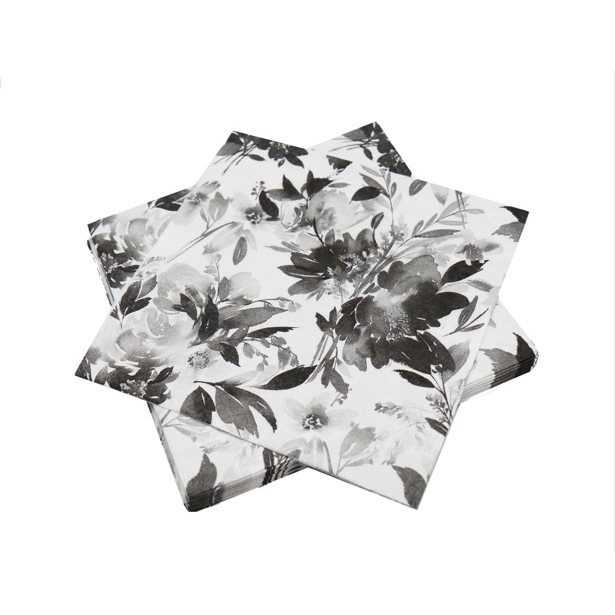 Luncheon Table Serviettes 3ply 33x33cm White with Black Floral 20Pack