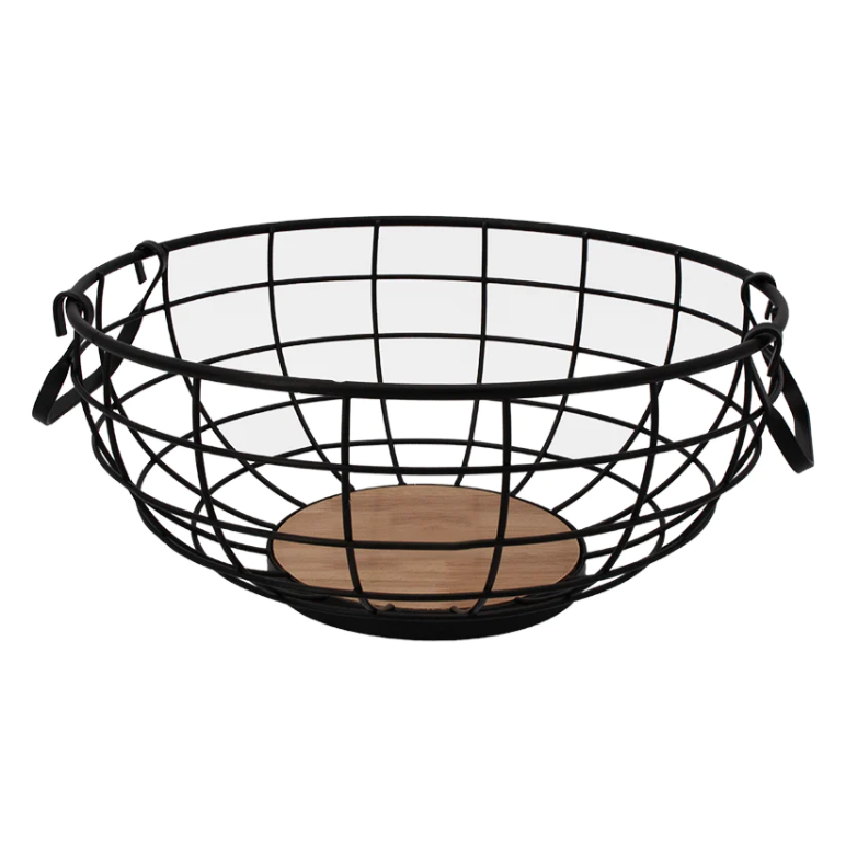 Regent Fruit basket with Handle Black wire and Wood 120X280mm Diameter