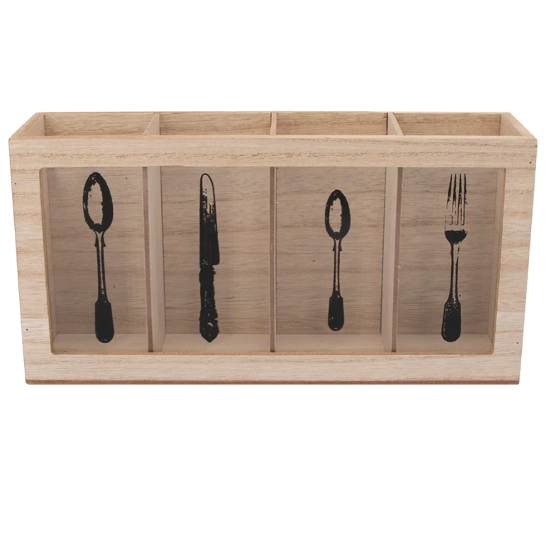 Regent Cutlery Holder 4-Division Wood and Glass with Motifs 295x80x150mm