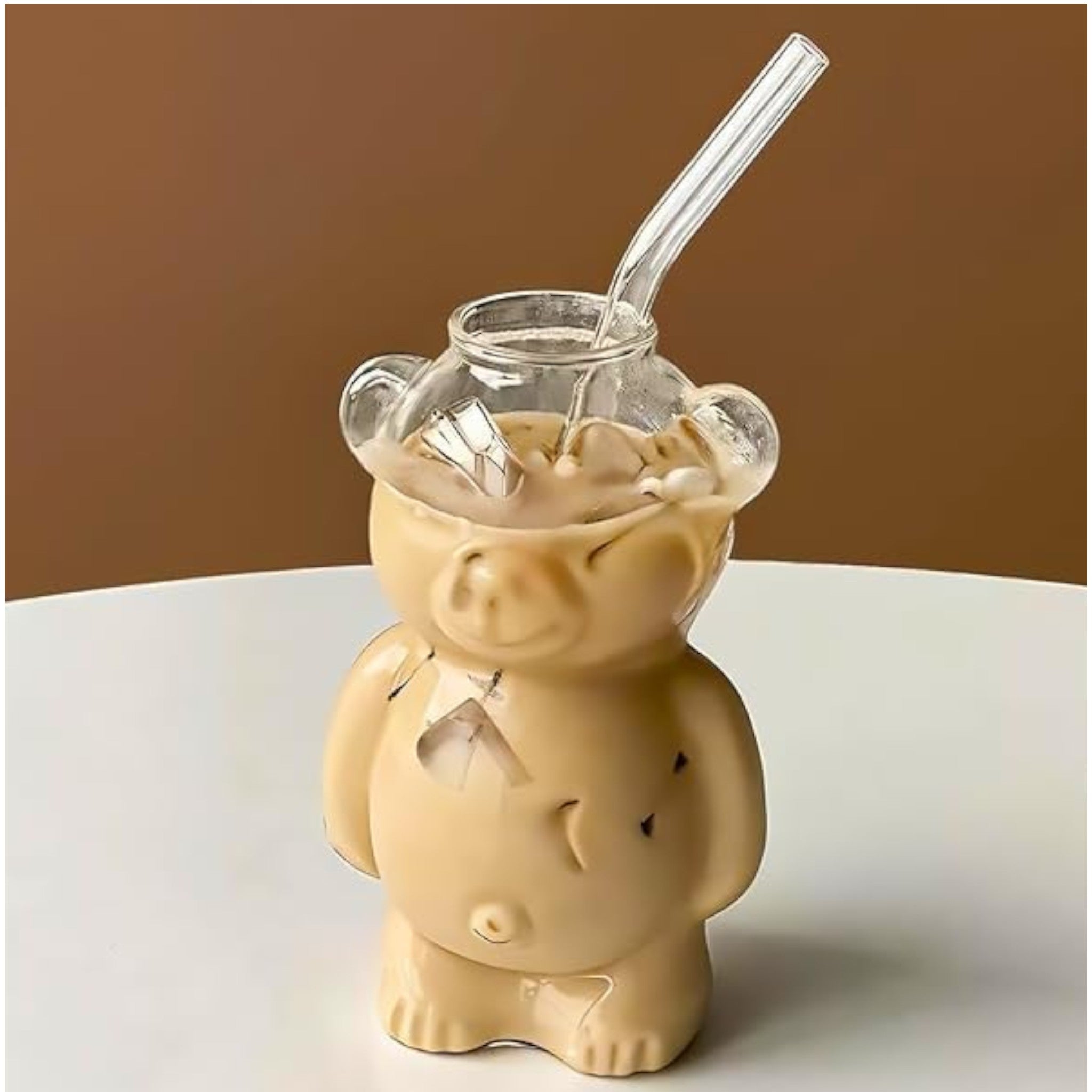 Teddy Bear Shaped Glass Drinking Cup with Straw 35.x14cm