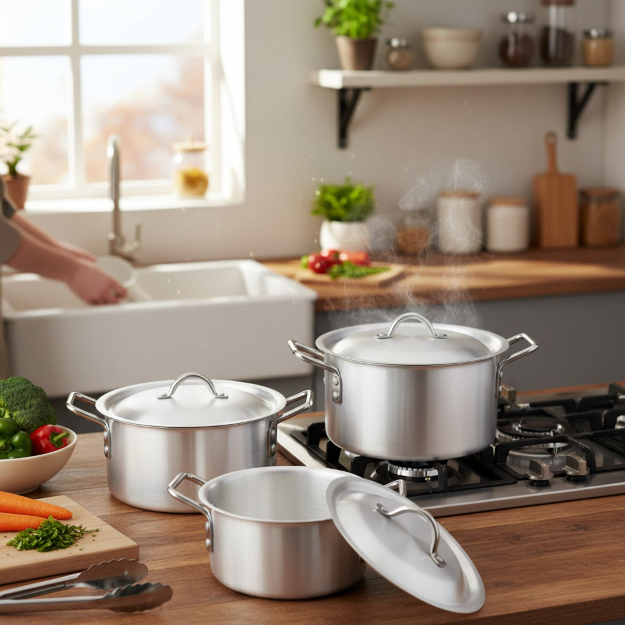 Heavy Duty Aluminum Cookware Pearl Stock Pots 3Pcs