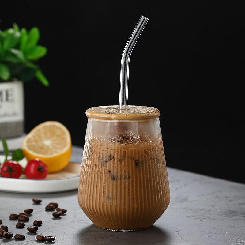 Glass Drinking Vertical Ribbed Cup 500ml with Bamboo Lid & Curved Straw 7x11cm
