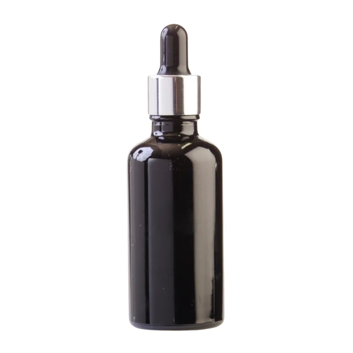 50ml Glass Dropper Bottle Black with Silver Collar Pipette Lid