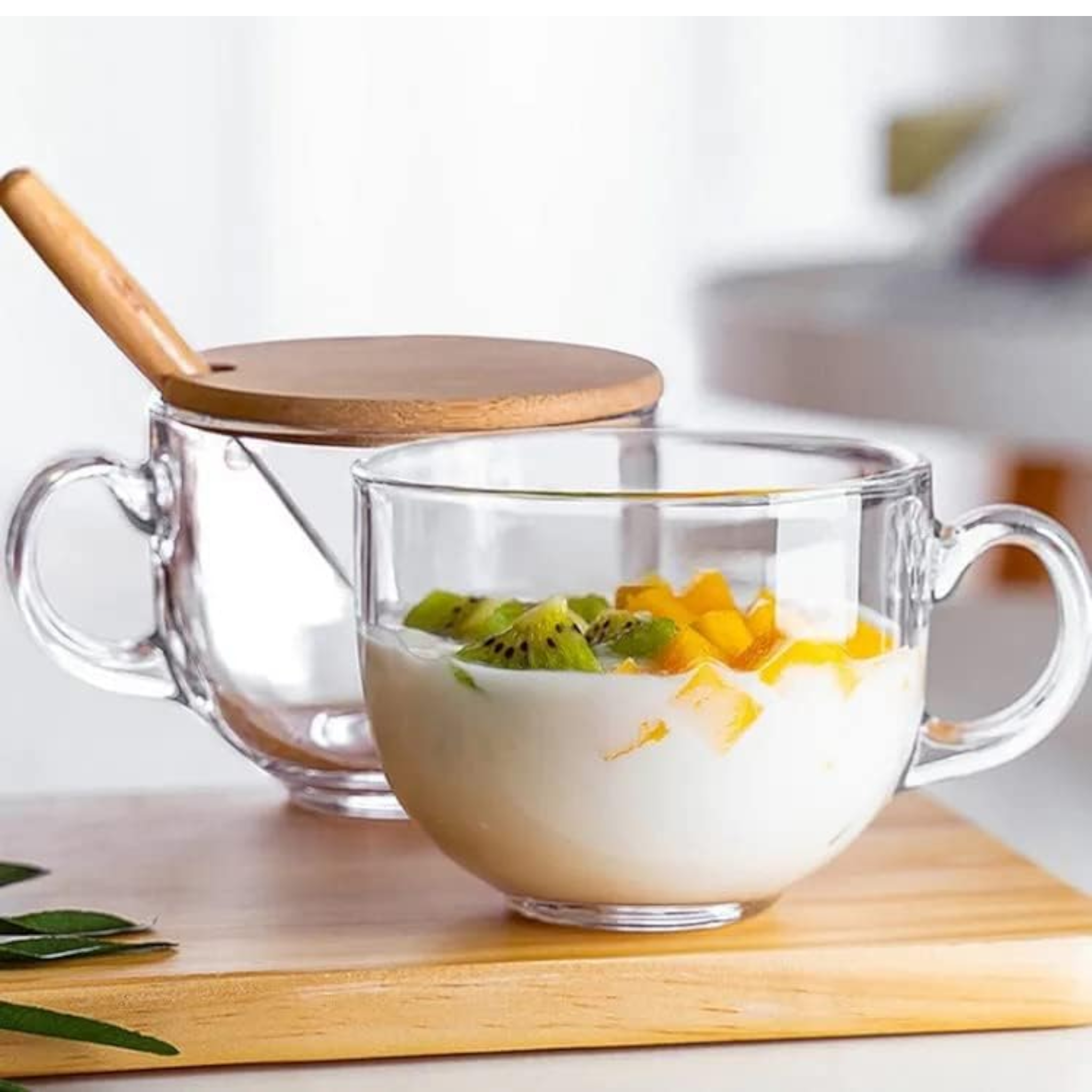 Breakfast Glass Cup Mug with Bamboo Wooden Lid & Spoon 1pc