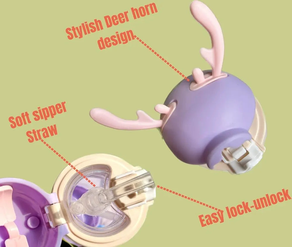 Kids Deer Horn Water Bottle 600ml with Sipper Lid 19x8cm