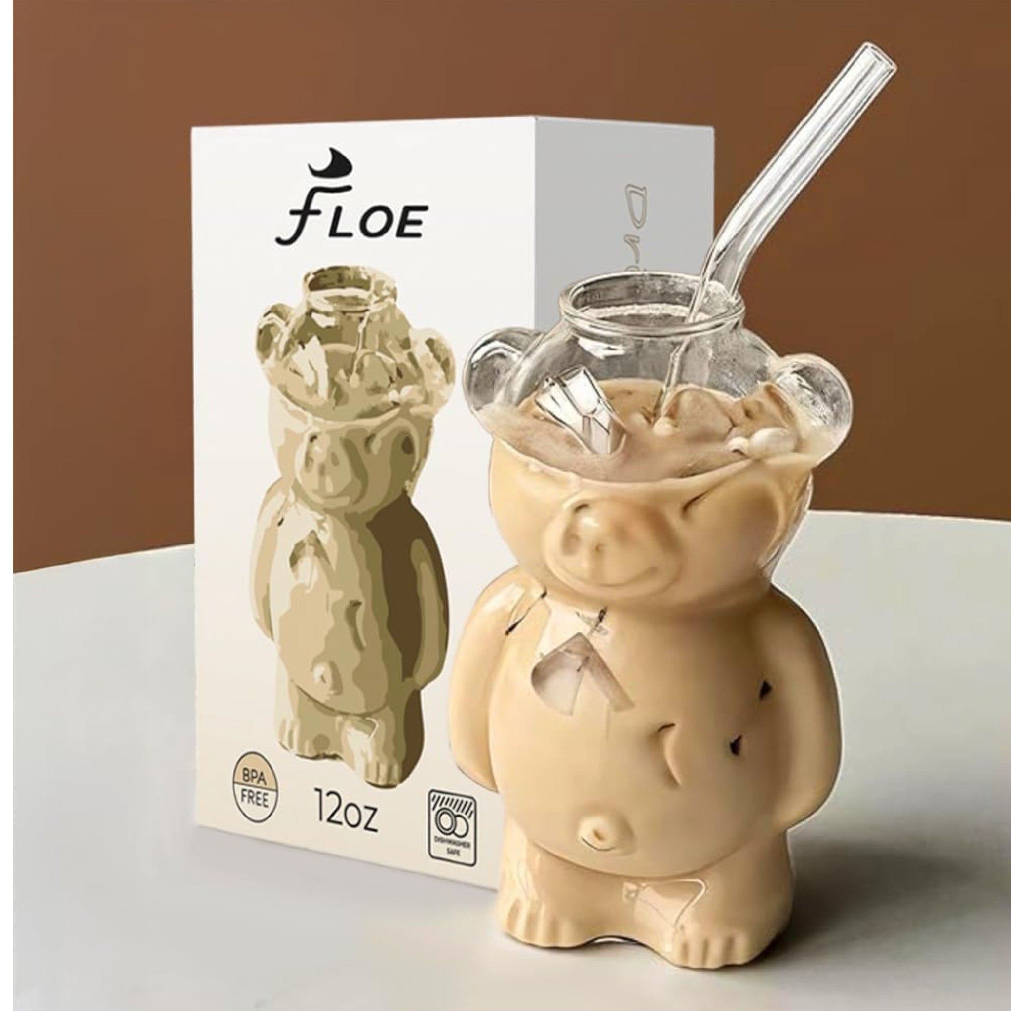 Teddy Bear Shaped Glass Drinking Cup with Straw 35.x14cm