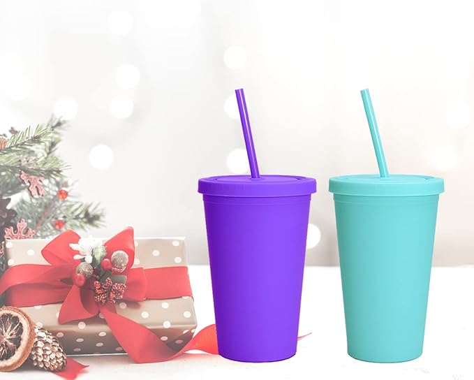 Acrylic Drinking Tumbler 450ml Pastel Colored Matte Finish Cup & Straw