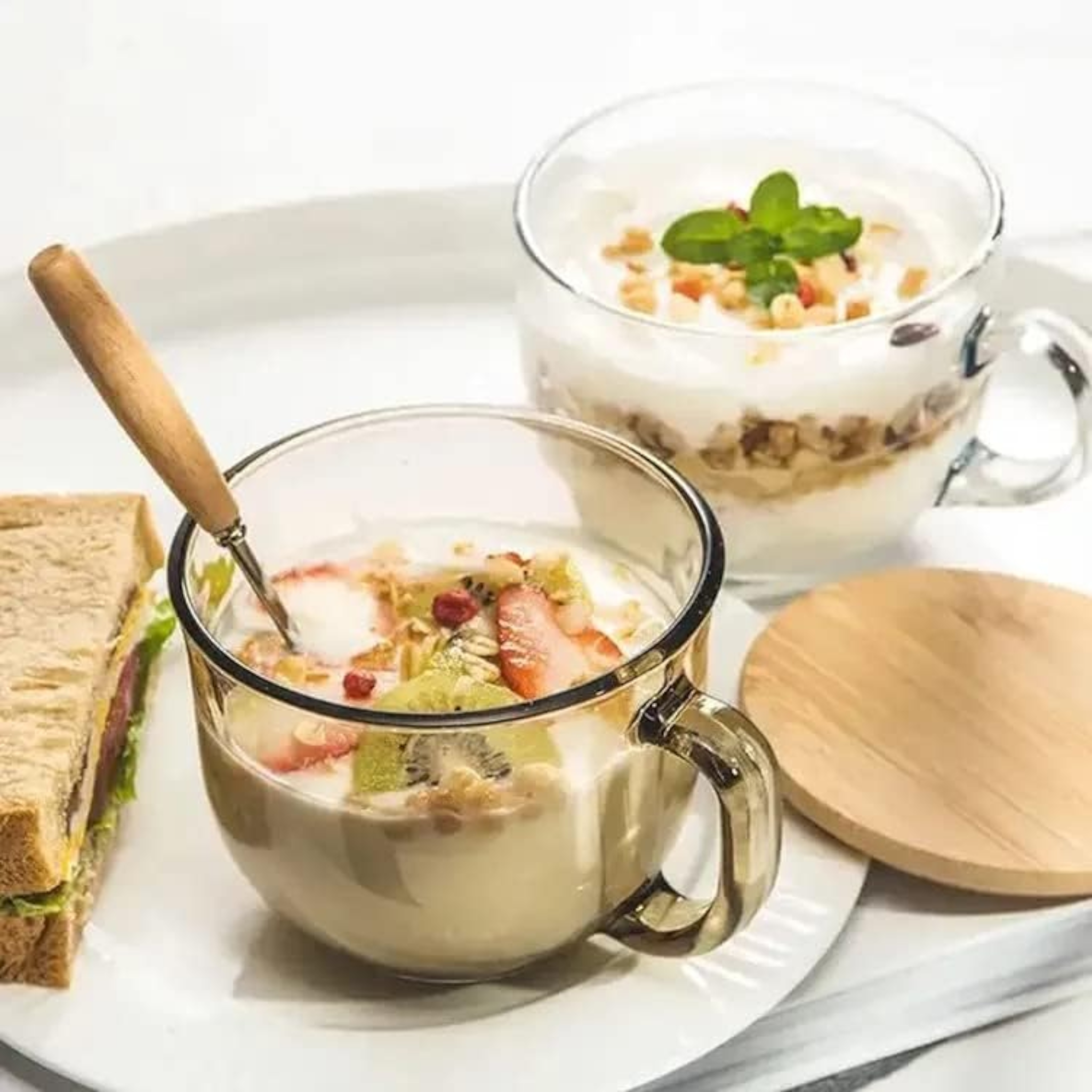 Breakfast Glass Cup Mug with Bamboo Wooden Lid & Spoon 1pc