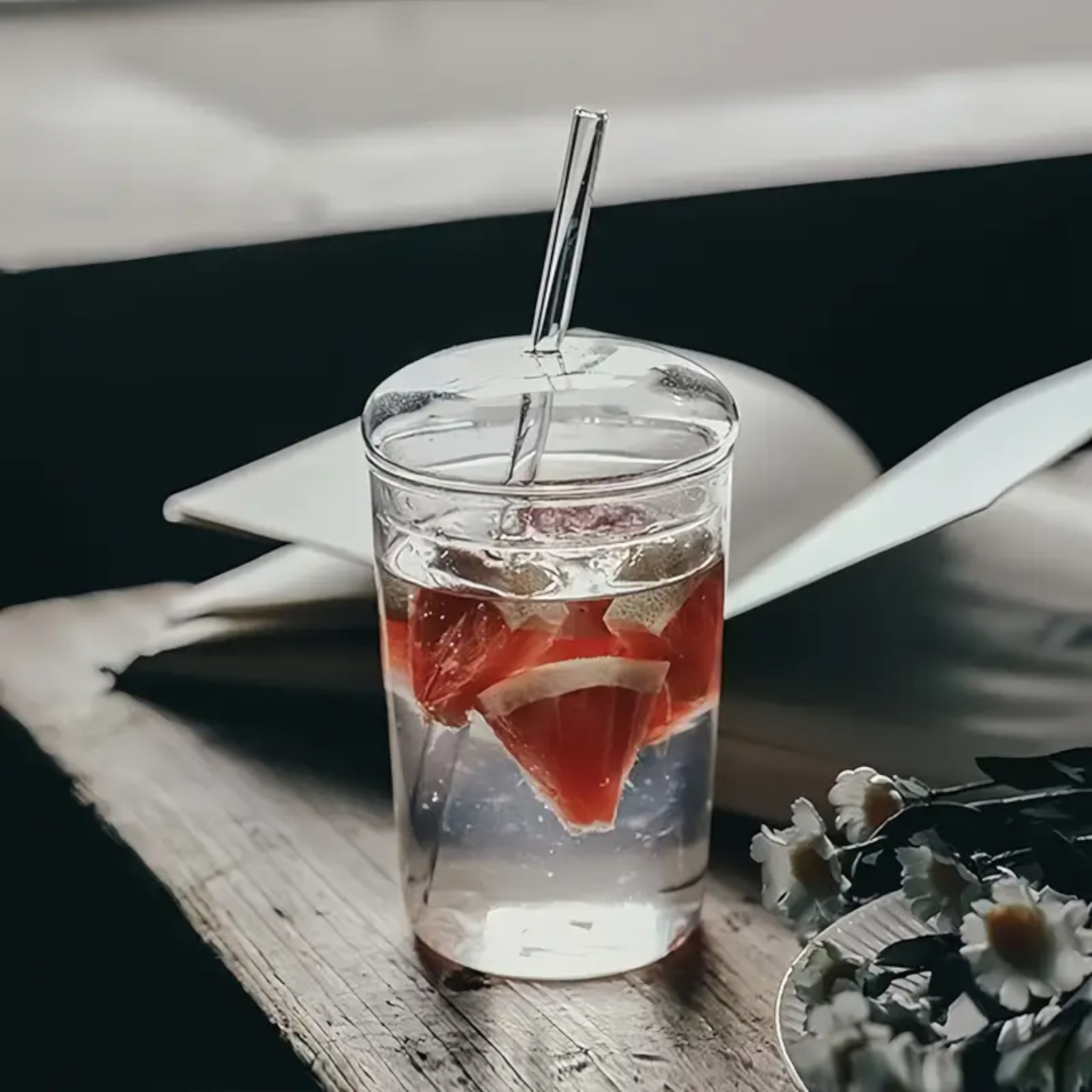 Clear Drinking Borosilicate Glass Cup with Lid and Straw 450ml-20cm