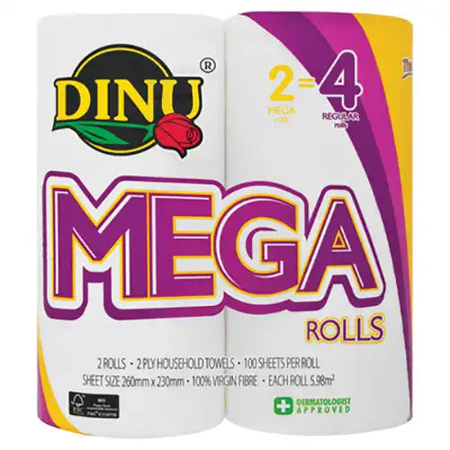 Dinu Mega Kitchen Towel White 2pack 260x220mm 100 Sheets per roll
