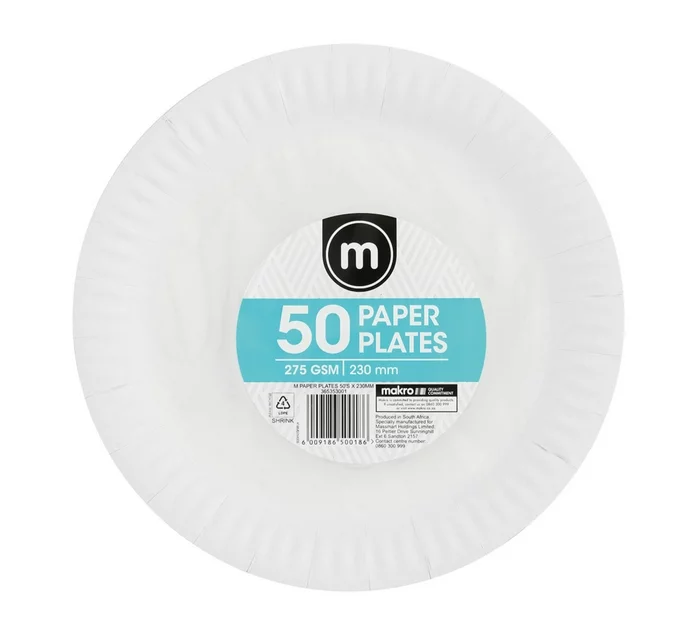 Disposable Paper Plates 230mm White 275gsm 50pack
