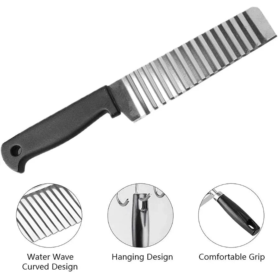 Stainless Steel Multifunctional Wave Crinkle Cut Knife with Black Plastic Handle 23.5cm