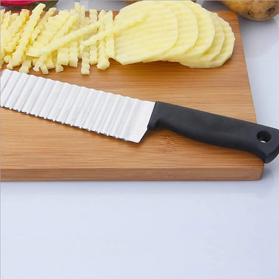 Stainless Steel Multifunctional Wave Crinkle Cut Knife with Black Plastic Handle 23.5cm